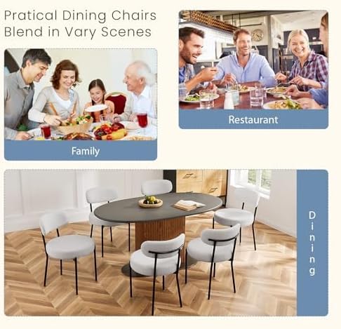 DUMOS Dining Chairs Set of 6, Mid Century Modern Chair Round Upholstered Curved Backrest, Kitchen Vanity Living Room Chairs with Black Metal Legs，Light Grey