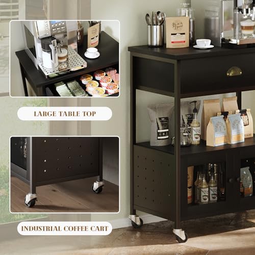 Catrimown Coffee Bar Cart Cabinet,3 Tier Coffee Station Table on Wheels,Coffe...