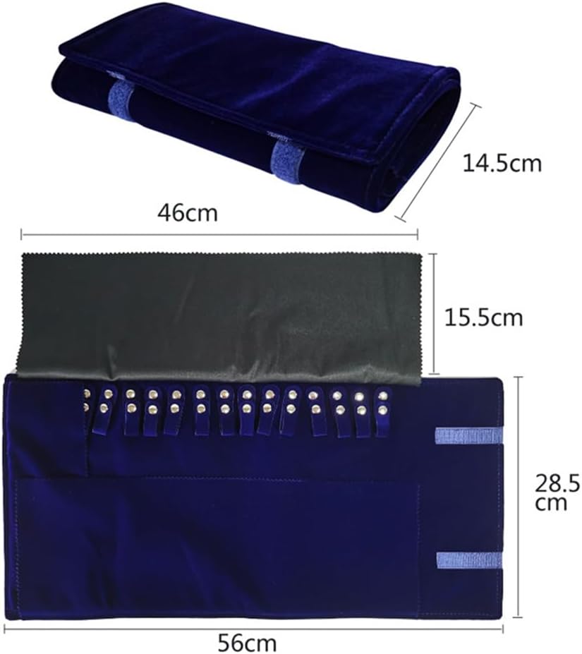 Velet Travel Jewelry Case Roll Bag Organizer for Necklace Bracelet Black Gray Velvet (Blue)