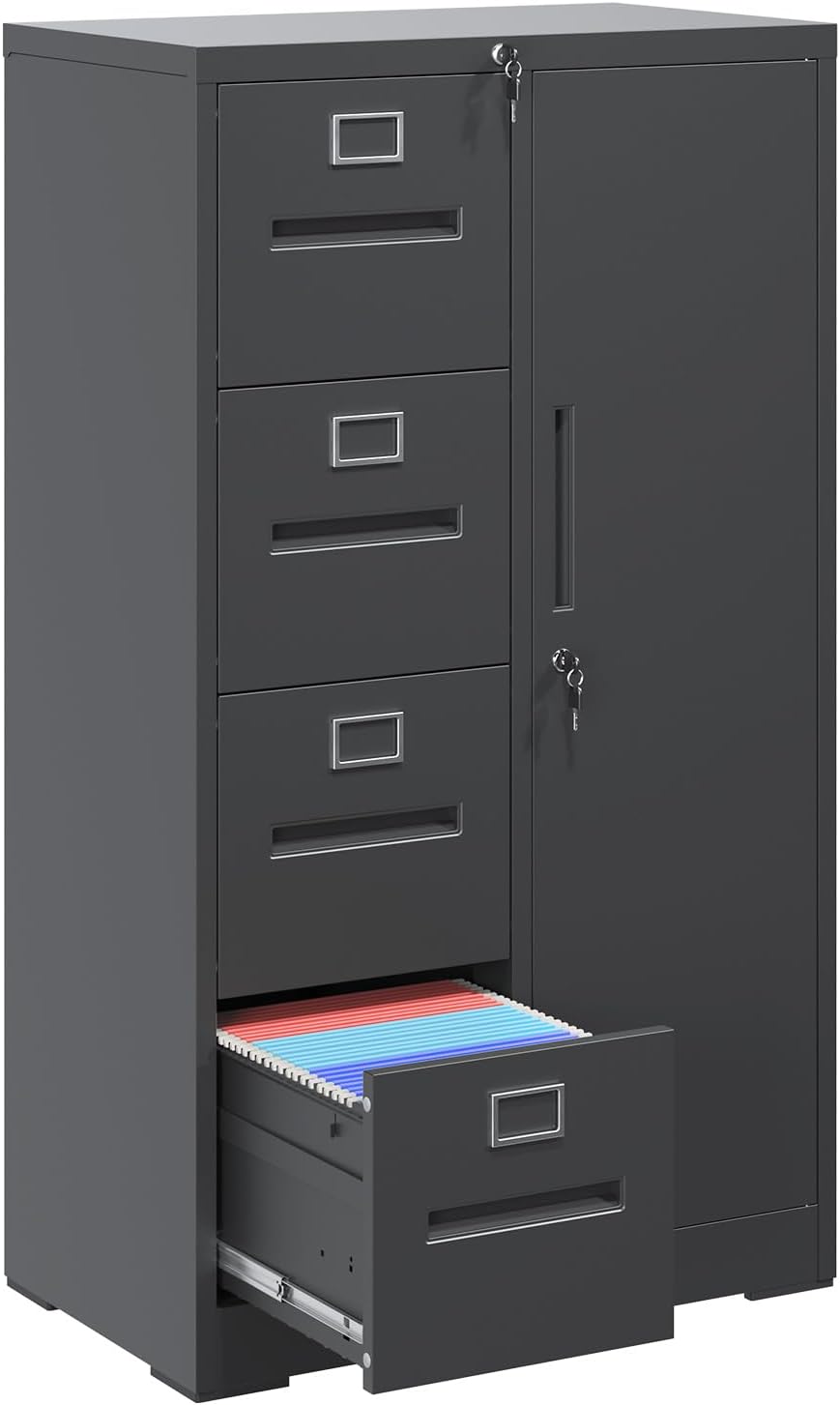 File Cabinet 4 Drawer, Vertical File Cabinet with Lock and 1 Door, File Cabin...