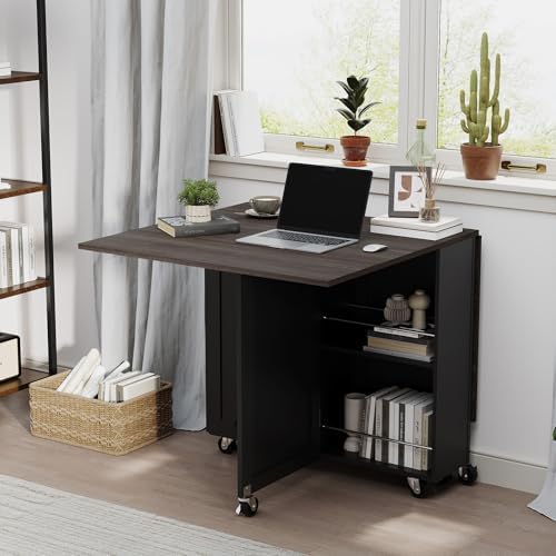 Folding Dining Table for 2-6, Easy Assembly, Dark Brown+Black
