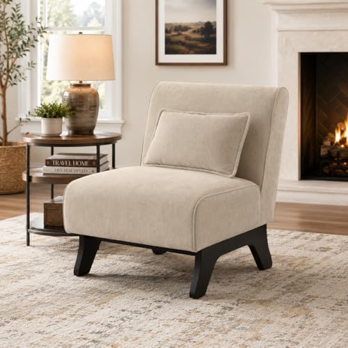 Armless Accent Chair Upholstered Comfy Modern Living Room Side Chair | Comfy Small Accent Lounge Chair with Pillow & Wooden Legs Accent Chair for Living Room Bedroom Farmhouse Reading Brown