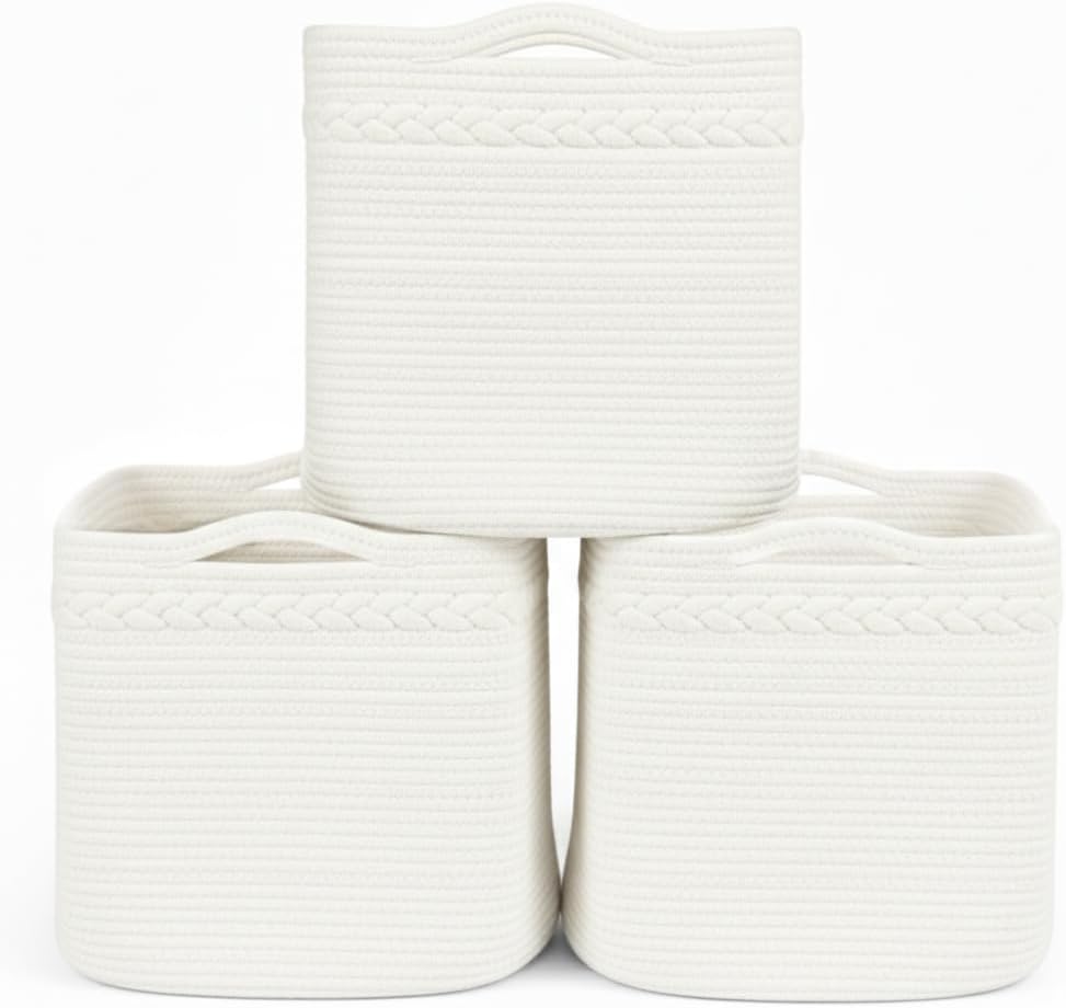 13 Inch Cube Storage Baskets, 3-Pack Woven Fabric Organizer Bins, 13"x13" Square Baskets for Cube Storage for Shelves, Baby Nursery, Closet Organizer, White