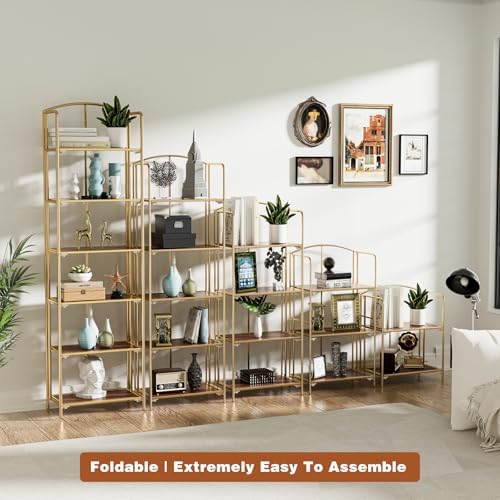 Crofy 4-Tier Foldable Bookshelf, Gold Frame & Walnut Shelves
