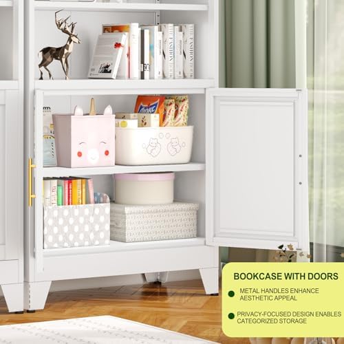 Metal Bookcase with Doors, White 71" Tall Bookcase with Storage, Floor I...
