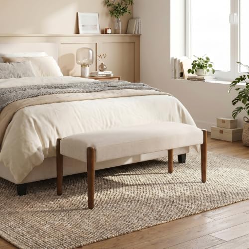 Usaint 42" End of Bed Bench with Wood Legs, Beige with Walnut Leg | Mode...