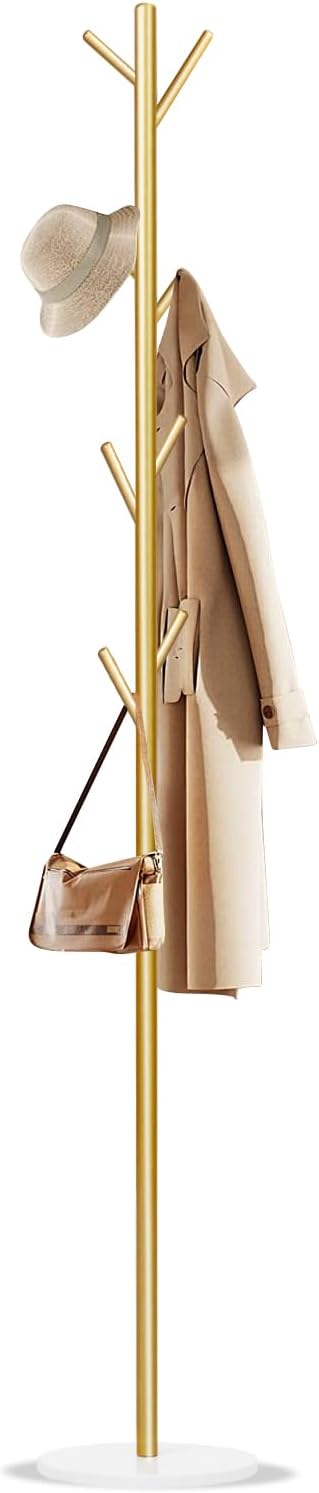 Coat Rack, Metal Freestanding Coat Rack with 8 Hooks, Sturdy Coat Tree with Natural Marble Base for Coats, Hats, Scarves and Handbags for Entryway, Hallway, Bedroom, Office,Dorm (Gold)