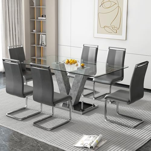 71" Glass Dining Table Set for 6, V-Base & 6 High-Back PU Chairs