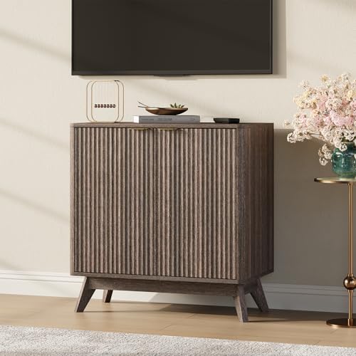 Fluted Sideboard Buffet Cabinet, Modern Wood Accent Cabinet, Walnut