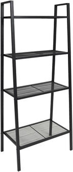 Metal Ladder Shelf 4 Tier Bookcase, Compact Shelving Unit for Bathroom Living Room Office, Durable Metal Display Rack with Mesh Shelves