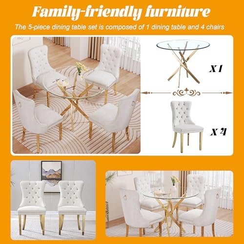 Glass Dining Table Set for 4, 5-Piece Round Tempered Glass Kitchen Table Set ...
