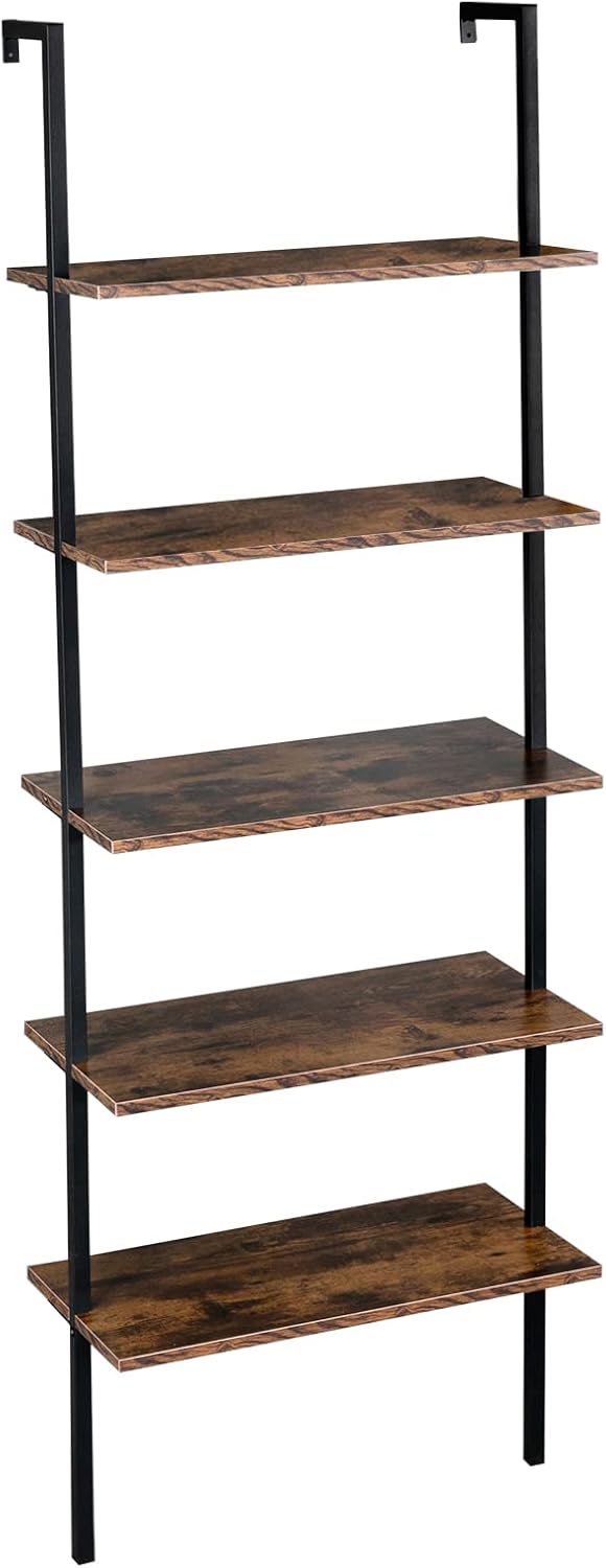 5-Tier Wall Mounted Ladder Shelf, Industrial Bookshelf with Metal Frame, Rustic Brown Bookcase for Home Office Living Room, Storage Rack for Home Office,Industrial Display Rack Books