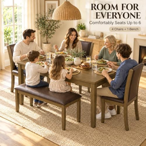 6-Piece Dining Table Set with Bench & 4 Chairs, Solid Wood, Dark Walnut