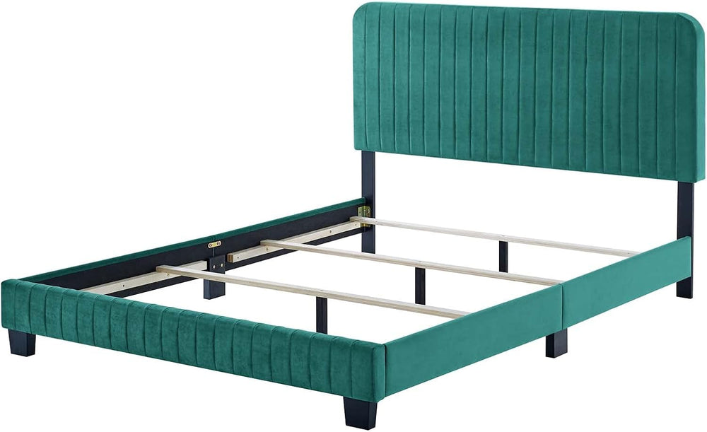 Tufted Platform Bed Frame, King Size, Velvet, Teal Blue, Modern Contemporary,...