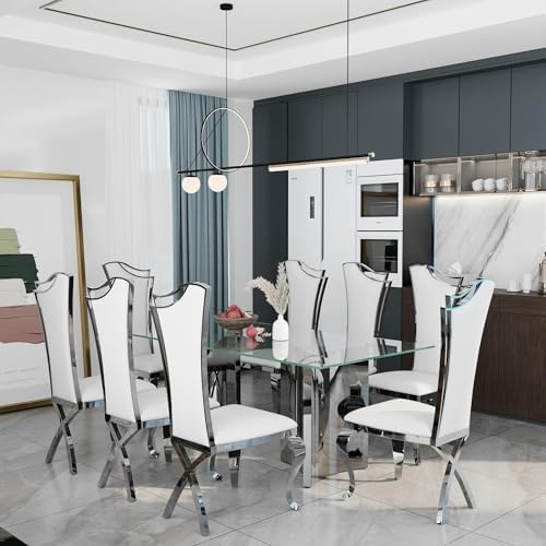 Asday Dining Chairs Set of 6, White Faux Leather and Silver Streamlined High ...