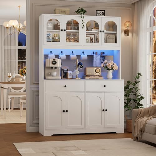 HIFIT 71" LED Kitchen Pantry Cabinet with Power Outlet, Tall Hutch, White
