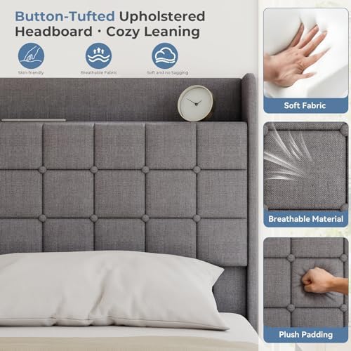 OLIXIS Queen Size Bed Frame, Upholstered Platform Bed Frame with Headboard