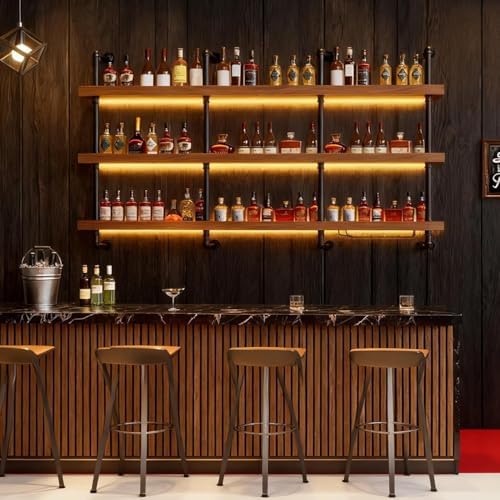31.4in Wall Mounted Wine Rack with LED Light Solid Wood | 3-Tiers Liquor Bott...