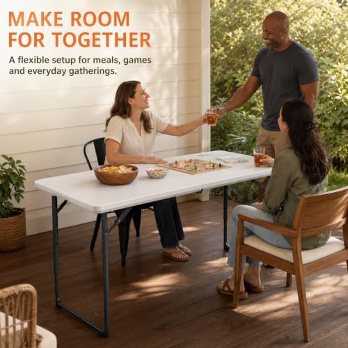 4FT Folding Table 3 Levels Adjustable Height, Heavy Duty Fold-in-Half Portabl...