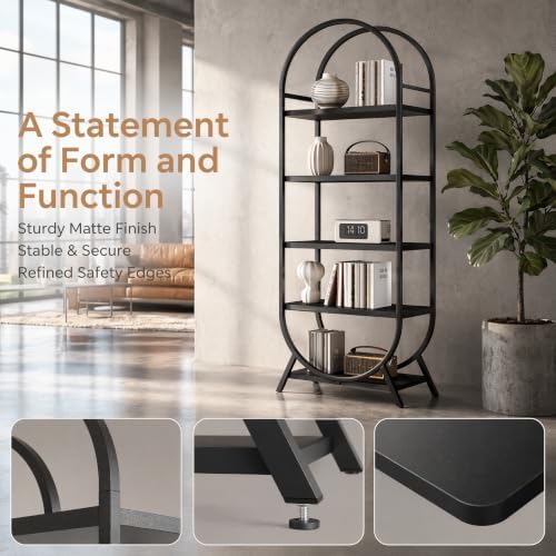 Bookshelf Arched Bookcase, Industrial 5 Tier Open Book Shelves with Metal Fra...