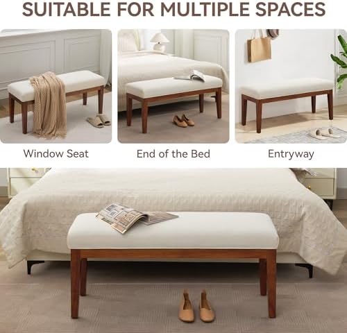 WUTUTUEE 43.5'' Linen Bedroom Bench, Upholstered End of Bed Bench, Pa...