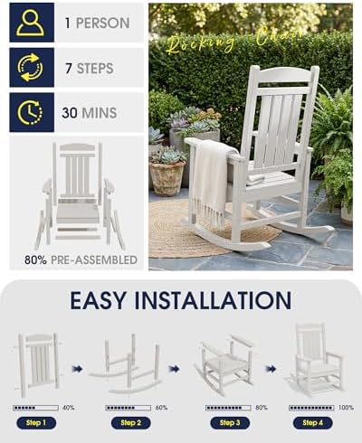 KINGYES Oversized Outdoor Rocking Chairs Set of 2, HDPE Porch Rocker, White |...