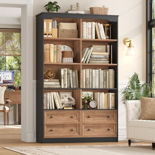 FINETONES 71" Tall Bookshelf with 4 Drawers Large Bookshelf Office Bookcase