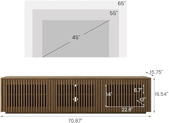 POVISON Mid Century Modern Wood Slatted TV Stand with LED Lights, Media Console for 70+ Inch TV, Entertainment Center with Storage Cabinet for Living Room, Fully-Assembled (Dark Wood, 70.87")
