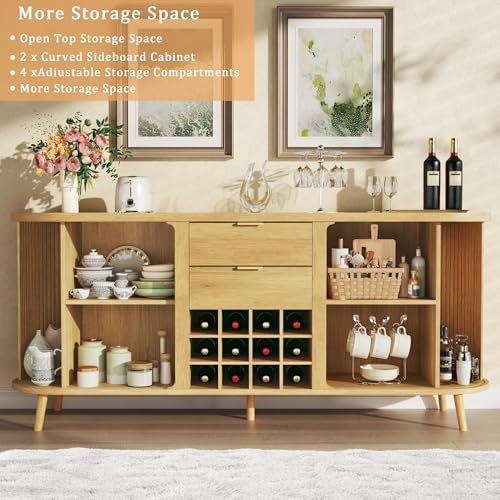 HUAHUU 58" Buffet Cabinet with Storage, Fluted Wine Bar Cabinet with Dra...