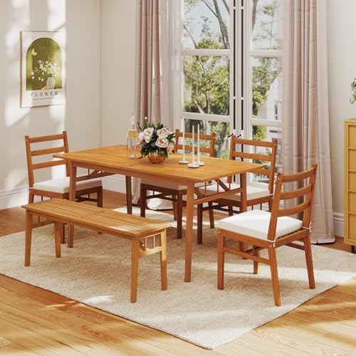 Tangkula 6 Pieces Patio Acacia Wood Dining Set, Outdoor Rectangular Table wit...