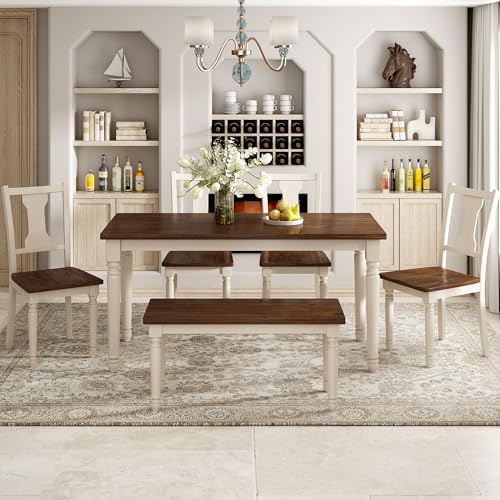LUMISOL 6-Piece Dining Table Set with Bench, Brown+Cottage White