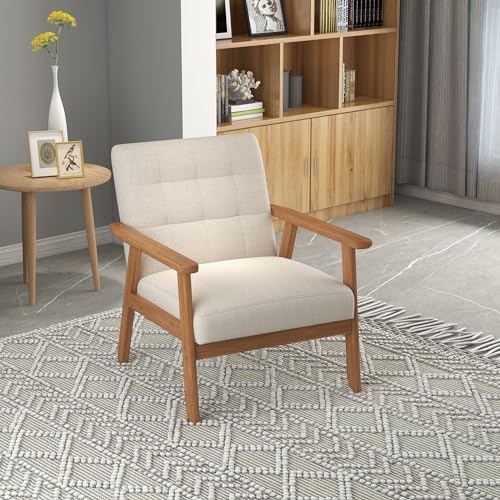Mid-Century Accent Chairs Set of 2, Solid Wood for Living Room, Beige Linen
