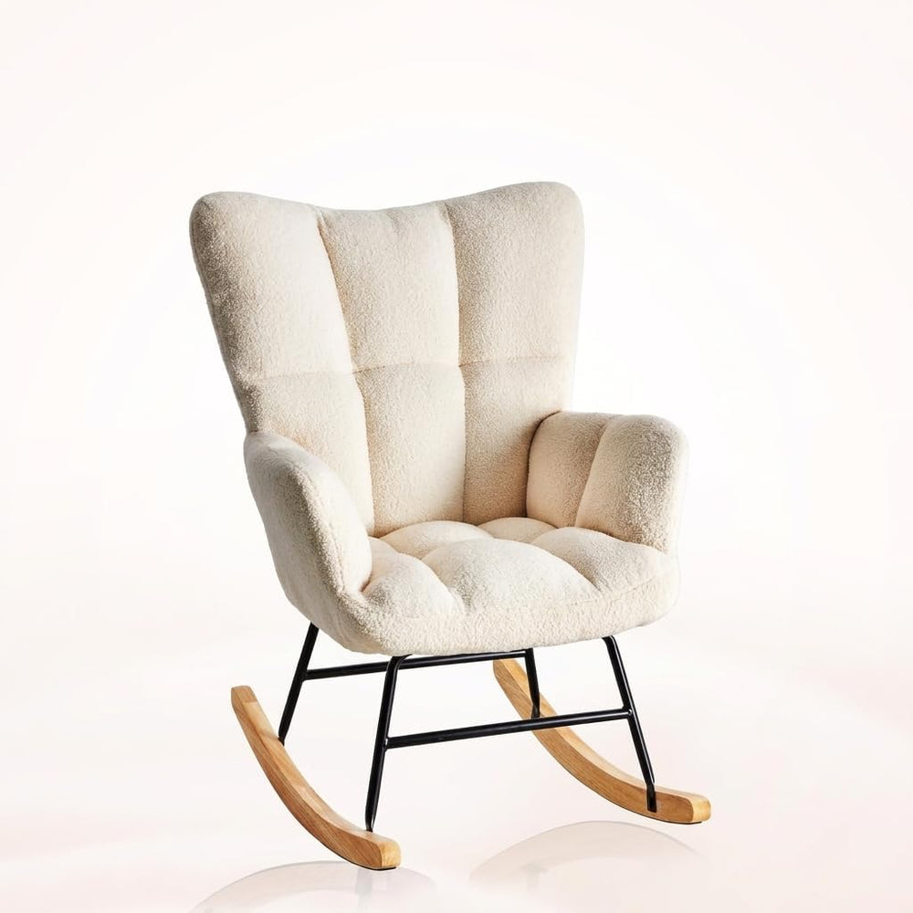 Teddy Upholstered Wingback Rocking Chair, Soft Padded Indoor Reading Glider C...