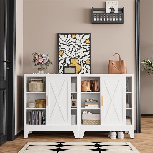COFaR White 37" H Sliding Door Storage Cabinet, Half Open Half Closed De...
