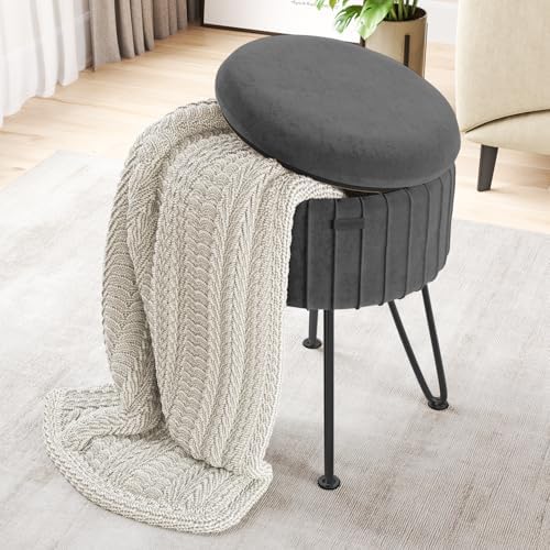 Round Ottoman with Storage, Pleated Velvet Storage Ottoman, Foot Stool Ottoma...