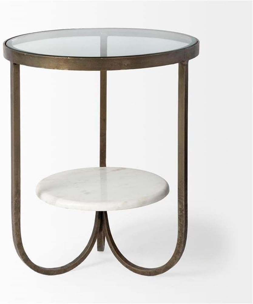 Pemberly Row Round Glass Top End Table, Gold Metal Frame with Marble Shelf, 2...