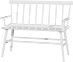 Dining Bench for Kitchen & Dining Room – Bamboo Wood Bench with Spindle Back & Armrests, Farmhouse Entryway Bench, Indoor Bedroom Bench, Versatile Entry Bench & Outdoor Bench Seating（White with Arm）
