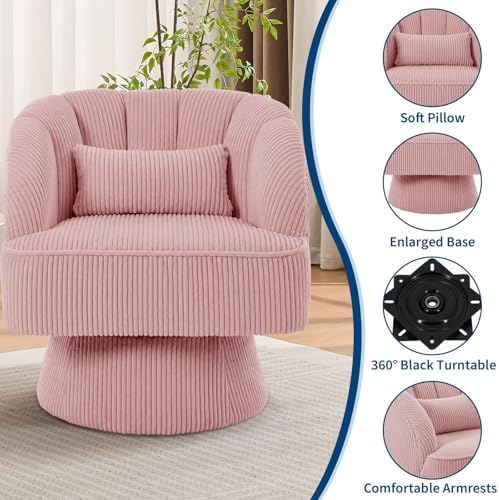Modern 360° Swivel Barrel Accent Chair, Velvet Upholstered Armchair with Striped Backrest & Plush Cushion, Comfy Round Lounge Chair for Living Room Bedroom, Pink