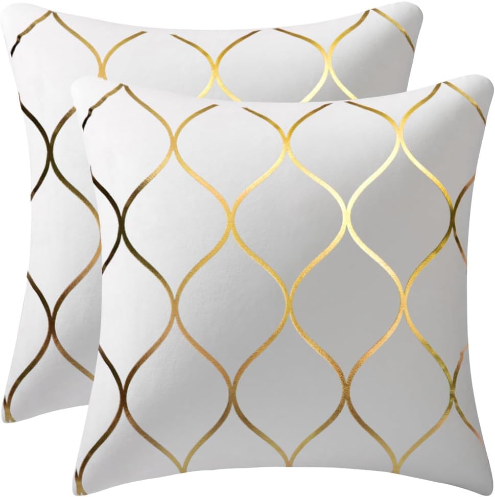 DEZENE Gold Velvet Euro Sham Pillow Covers Off White: 2 Pack 26x26 Inch Squar...