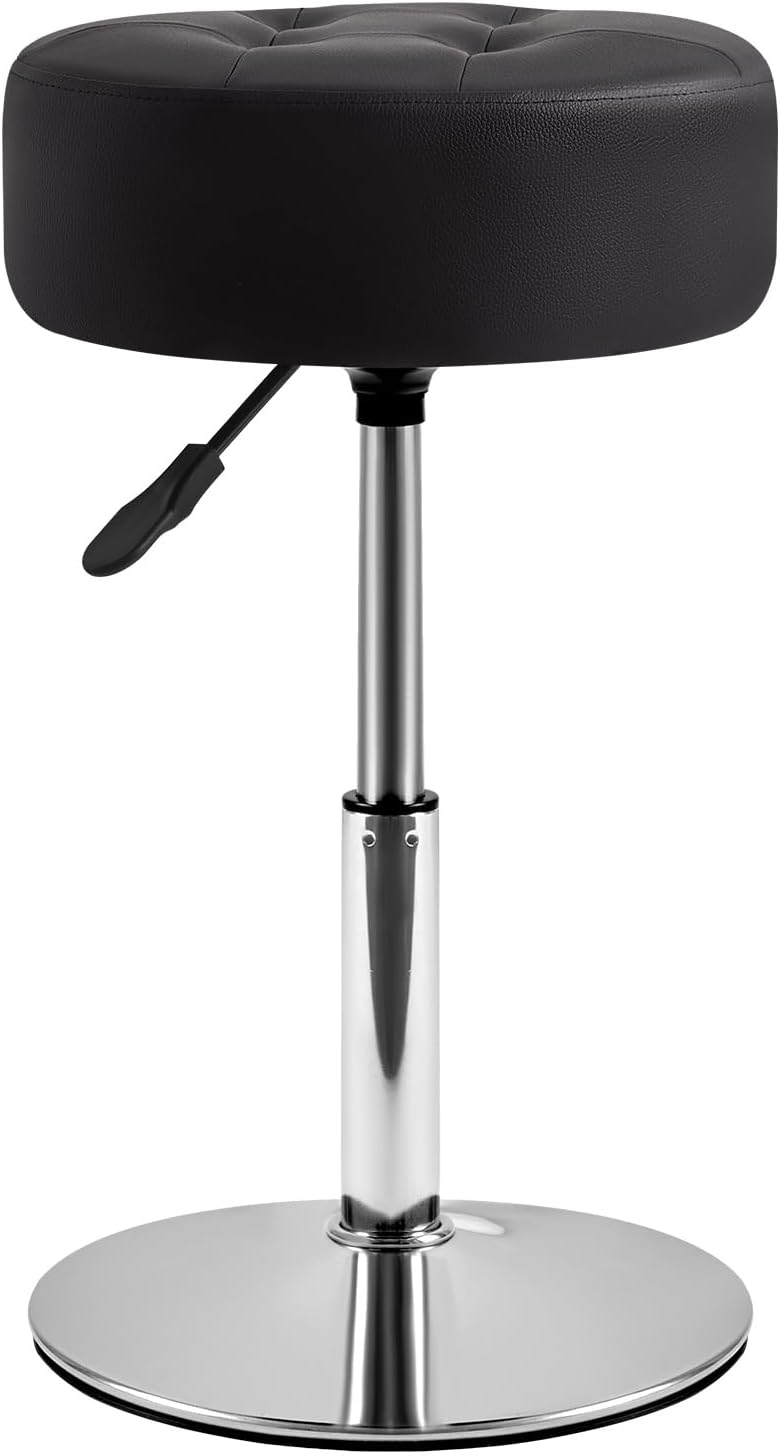 IBUYKE Height Adjustable 360°Swivel Vanity Stool Chair, Black WBD025B | Tufted Round Makeup Room Faux Leather Bathroom Living Room Modern Ottoman