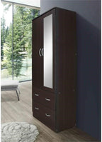 Pemberly Row 2 Door Armoire, 71.7 in H x 31.5 in W, Compressed Wood, Chocolate Finish, Garment Rod, Long Mirror, 2 Drawers with Metal Glides, Bedroom Wardrobe Closet Storage Organizer