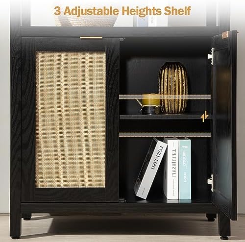 SICOTAS 71" Tall Rattan Bookshelf with Doors for Living Room Library