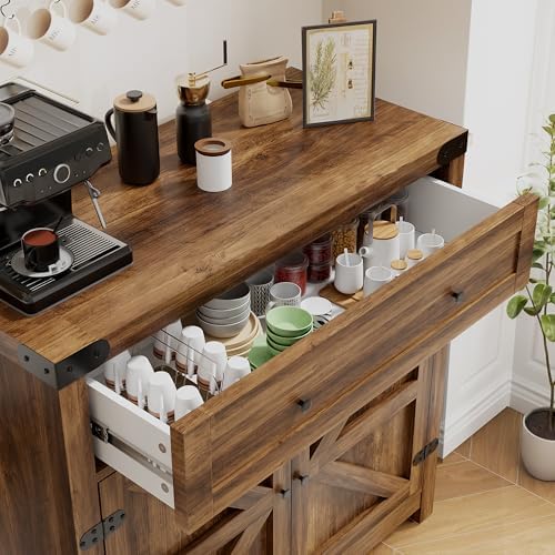 YESHOMY Farmhouse Coffee Bar and Accent Cabinet with Barn Doors, Brown