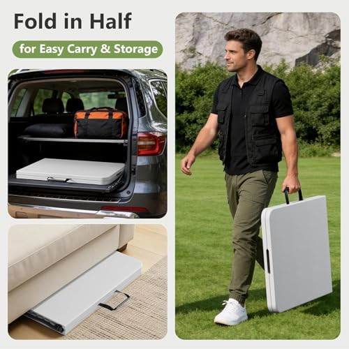 Folding Table and Chairs Set for 3, 4FT Foldable Plastic Table with Carry Han...
