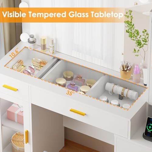 BEWISHOME 49.2" Large Glass Top Vanity Desk with Lighted Mirror and Stoo...