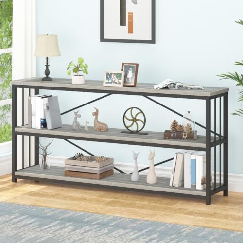 IBF 63 Inch Long Horizontal Bookshelf, Industrial 3 Tier Low Bookcase Grey