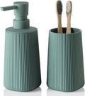 Bathroom Accessories 2 Piece Soap Dispenser and Toothbrush Holder Set Striped Sage Green