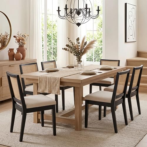 HNY Farmhouse Rattan Dining Chairs Set of 6, Black Solid Hardwood Frame, Upho...