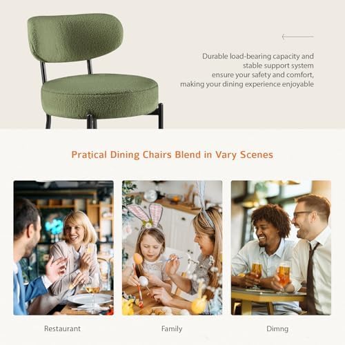 DUMOS Dining Chairs Set of 2, Mid Century Modern Chair Round Upholstered Curved Backrest, Kitchen Vanity Living Room Chairs with Black Metal Legs, Green