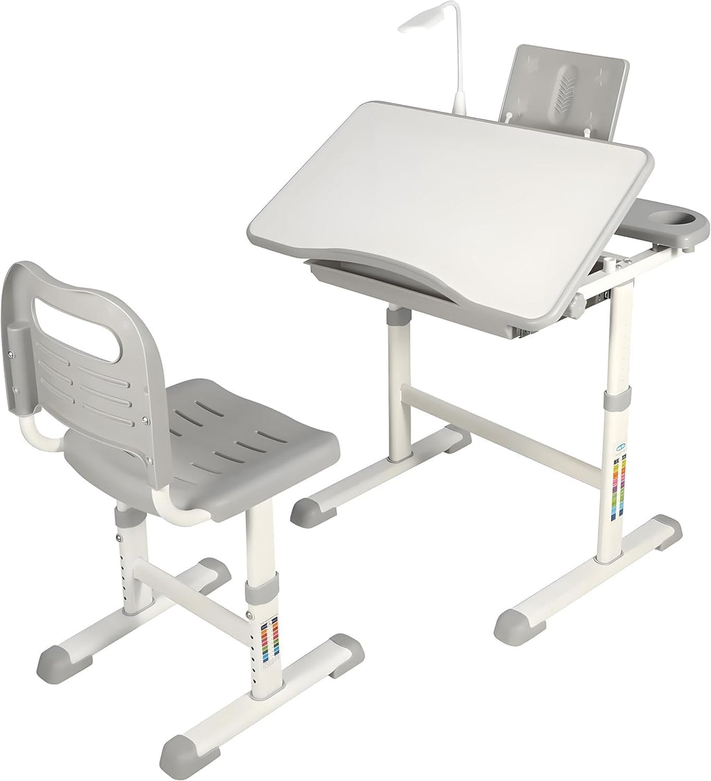 Kids Desk and Chair Set,Height Adjustable Childrens Homeschool Study Table with Storage Drawer, LED Light,Cup Holder,Bookstand, for 3-15 Years Boy and Girl, Grey